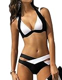 Women Cross Colorblock Padded Push Up Halter Bikini Swimsuit