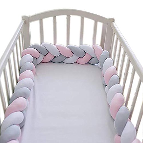 Handmade Baby Braided Crib Bumpers Knotted Braided Plush Nursery Cradle Decor Bedding Newborn Gift Cot Braid pad Protector-White+Gray+Pink 150cm(59inch)