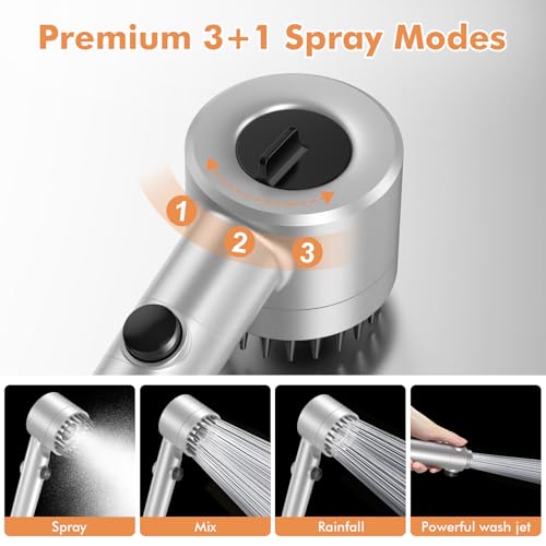 FEELSO Hard Water Filter Shower Head with 15 Stage Filter, 3+1 Spray Jet Modes High Pressure Shower Head and 1.5m Hose, Handheld Massage Shower Filter for Residual Chlorine Remove Silver