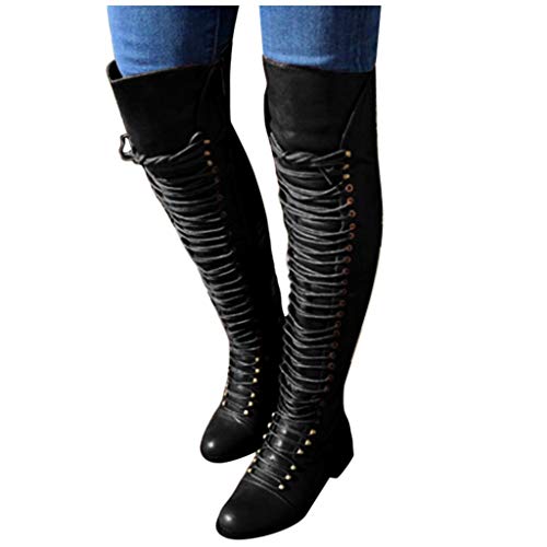 TnaIolral Outdoor Boots Women's Classic Round Toe Low-Heeled Lace-Up Western Knight Shoes (US:9, Black) - Thumbnail 3