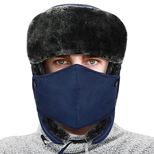 Trapper Hat Winter Hats for Men Women, Russian Warm Trooper Hat with Ear Flaps, Ushanka Bomber Fur Hats with Windproof Mask Blue