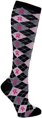 RSG Hosiery Knee High Socks For Teens &amp; Women Solids &amp; Patterns (Pink Ribbon Argyle)