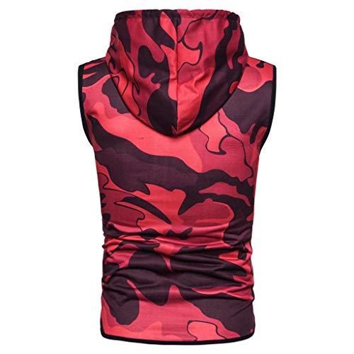 Gym Hoodie Men Bodybuilding Stringer Tank Top Camouflage Sleeveless Shirt Full Zipper (XXXL, Red)