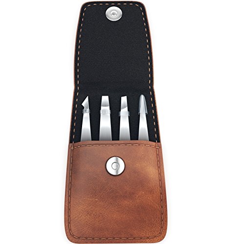 Professional Tweezers Set - 4 Piece Precision Stainless Steel Eyebrow Tweezer Kit with PU leather travel case - Perfect for Facial Hair, Splinters, Ingrown Hairs, Ticks, blackheads and eyebrows - Thumbnail 4
