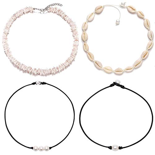 ATIMIGO Natural Puka Shell Choker Necklace for Women Girls,Handmade Cowrie Sea Shell Clam Chips Pearl Hawaii Beach Necklace Jewelry for Men