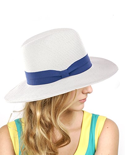 NYFASHION101 Lightweight Solid Color Panama Fedora Sun Hat, White/Denim