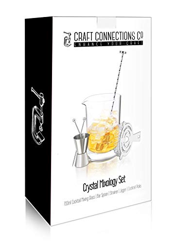 Crystal Cocktail Mixing Glass Bar Set: 700ml Thick Wall Lead-Free Mixing Glass | Stainless Spiral Bar Spoon w/Muddler | Cocktail Strainer | 0.5oz / 1oz Jigger. Great Gift & Shaker Alternative!
