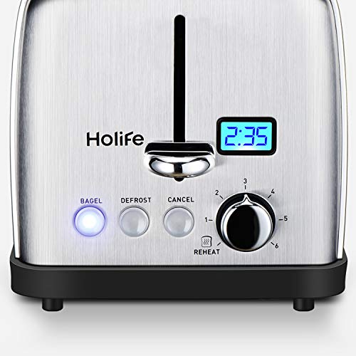 Toaster, HoLife 2 Slice Prime Rated Toasters [LCD Dispaly] Stainless Steel Bagel Toaster (6 Bread Settings, Bagel/Defrost/Reheat Function, 1.5" Wide Slots, Removable Crumb Tray, 900W, Silver) - Thumbnail 2