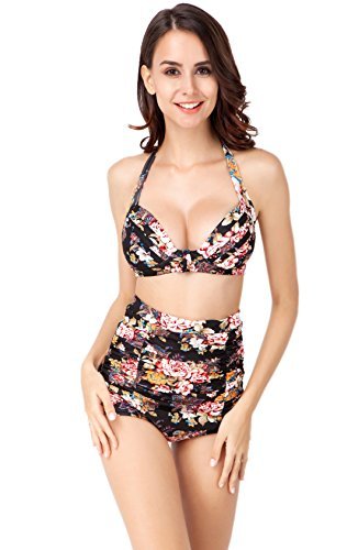 Women Swimsuits - icharmore Summer Retro Floral High Waist Padded Bra Push-up Bikini Swimwear (2XL, Black)