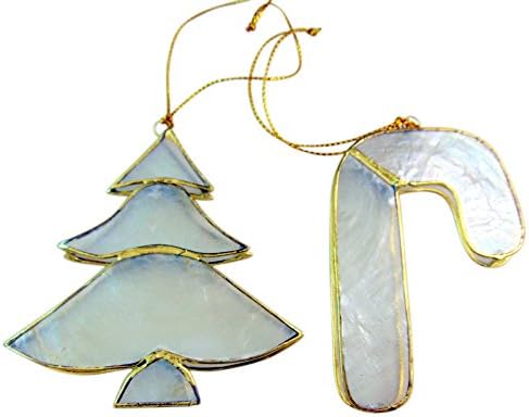 Tiki Johnnies Real Capiz Seashell Candy Cane and Tree Christmas Ornament Boxed, Set of 2
