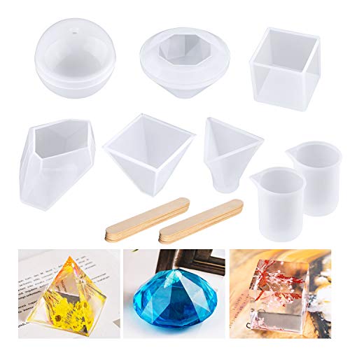 Joypea Resin Casting Molds Large Clear DIY Silicone Molds, 6Pack Including Square Sphere Pyramid Diamond Stone Resin Mold Silicone Measurement Cups Wood Sticks, Perfect for Gift