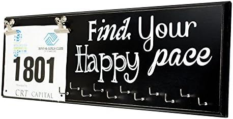 Running Medal Display Rack and Bib Holder, Beautiful Handcrafted Wood Sign, Wall Mounted, 22" x 7", 11 Hooks, Holds Up to 30+ Medals, Find Your Happy Pace, Black