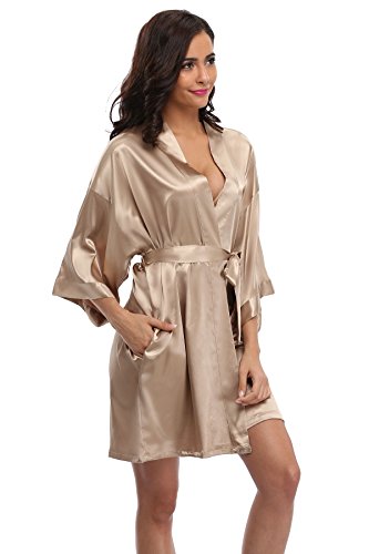 Women's Satin Rhinestone Short Wedding Kimono Robe for Bridesmaid, Champagne XS