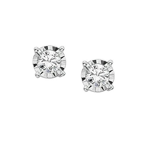 Solitaire 14k White Gold Round Diamond Stud Earrings Miracle Setting ((Color JK, Clarity I2) (0.1 carats) (Royal)