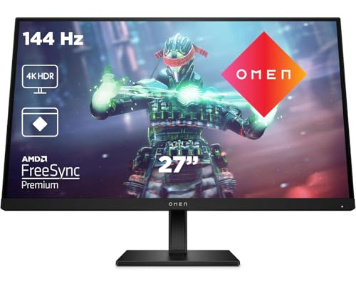 HP Omen 27k Gaming Monitor - 27 Zoll Bildschirm, 4K Display, 144Hz, AMD FreeSync Premium, HDMI 2.1, HDMI 2.0, Display Port 1.4, 2X USB-A, USB-B, USB-C