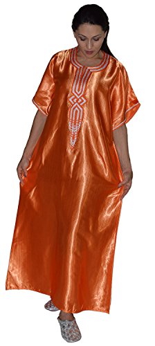 Moroccan Caftans Women Ladies Embroidered Satin Fits SMALL to LARGE Orange