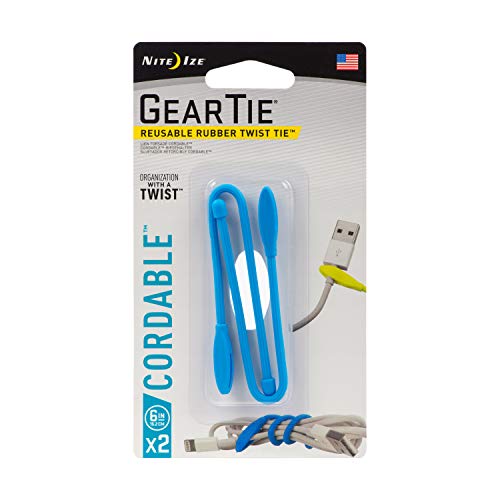 Nite Ize Gear Tie Cordable, The Orginal Reusable Rubber Twist Tie with Stretch-Loop for Cord Management + Storage, 6-Inch, Bright Blue, 2 Pack, Made in The USA