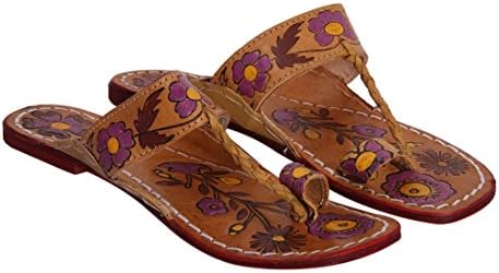INDCROWN Hippie Indian Water Buffalo Jesus Sandle 100% Leather Kolhapuri Flat Flower Print Woman Sandle Blue