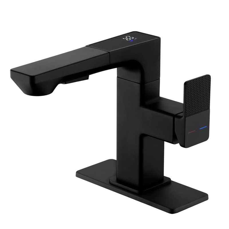 Photo 1 of Mekoly LED Bathroom Sink Faucet,Matte Black Bathroom Faucet with Pull Out Sprayer,Temperature Digital Display Single Handle RV Bath Vanity Faucets for 1 or 3 Hole