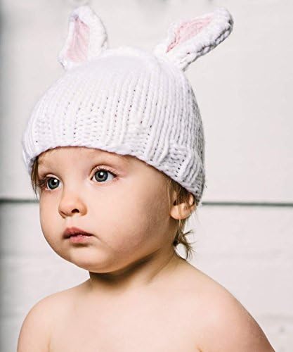 The Blueberry Hill "Bailey" Knitted Bunny Hat | Super Soft Baby Winter Hat and Photography Prop White w/ Pink Ears (Small 12-24 Months)