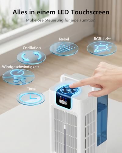Aiorber Mobile Air Conditioning Mini Air Cooler: Fan with Water Cooling 2000 ml Water Tank 120° Oscillation, 4 Wind Levels, LED, Timer Remote Control Air Conditioner without Exhaust Hose for Home and
