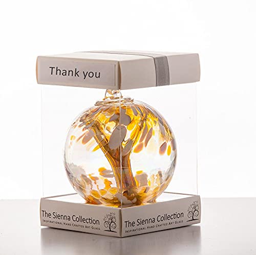Sienna Glass 10cm Spirit Ball – Handcrafted Pastel Gold Glass Ornament with Ribbon – Unique Thank You Gift for Home or Garden