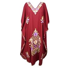 Mogul Interior Womens Caftan Maxi Dress Maroon Embroidered Kaftan One Size
