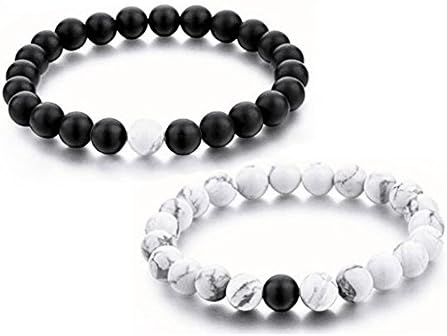 LOOYARCouples Bracelet His and Hers Distance Bracelet Black Matte Agate & White Howlite 8mm Beads Bracelet (1#)
