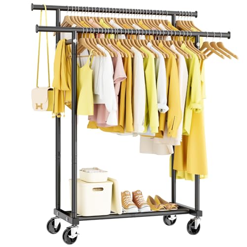 HYSEYY Double Rods Clothing Rack, Rolling Clothes Rack, Metal Garment Rack with 4 Lockable Wheels & Storage Shelf, Sturdy Coat Rack for Bedroom, Laundry, Living Room - 160H x 113W x 42D cm (Black)