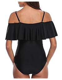 Holipick traje de baño de una pieza sexy con cuello en V y hombros descubiertos, con volantes, control de barriga, sin espalda, monokini