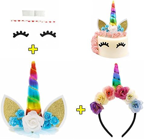 Unicorn Cake Topper, Eyelashes inclueded, Bonus with Unicorn Headband Unicorn Party Supplies(Rainbow)