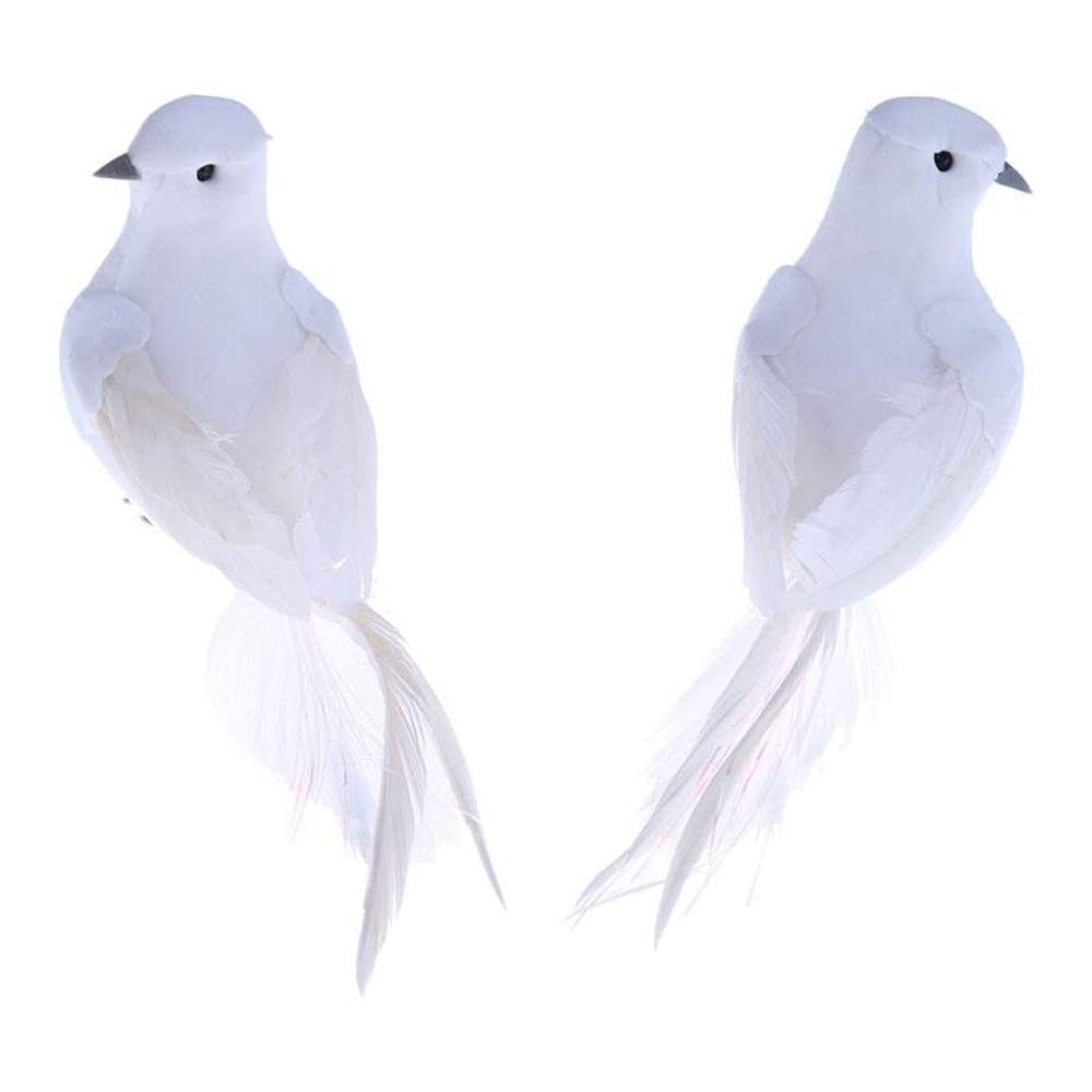 POFET 2pcs Artificial Foam Feather White Birds Decorative Fake Doves Pigeon Bird for DIY Craft Home Ornaments Garden Wedding Décor