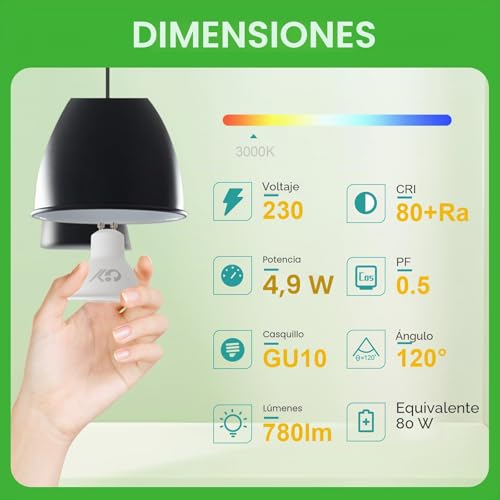 GY 4.9W GU10 LED Bulb 3000K Warm White 780LM (Equivalent to 80W), Non-Dimmable, 110 Degrees Beam Angle – Low Consumption Bulb Class B, No Flickering LED GU10 Bulbs, Pack of 10