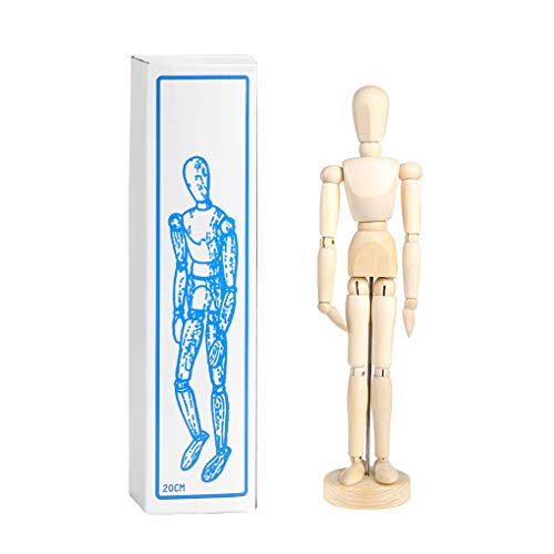 8 Inch Artists Wooden Manikin Flexible Body Joints Human Figure Puppet Model Wood Male Mannequin Doll Ornament Stand for Home Office Desk Decoration Sketching Drawing Painting Supplies
