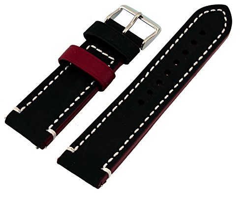 Rev Genuine Crazy Horse Dual Color Leather Watch Replacement Band - Nero Black/Red 18mm, 20mm, 22mm or 24mm (24mm)