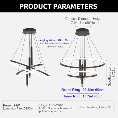 ORANOOR - Lámparas de araña LED negras modernas para comedor, recámara, sala de estar, regulables de 61.0cm, 5250 lm, lámpara colgante de cocina, comedor, lámparas de techo para colgar sobre la