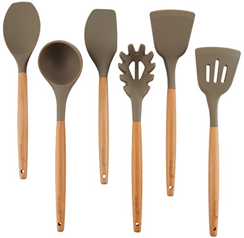 Kitchen Utensil Silicone Cooking Utensils Set Nonstick Wood Grey Cookware Including Spoons Spatulas 6 Piece