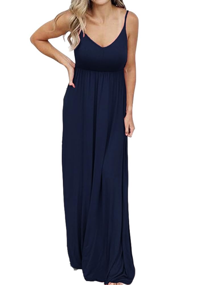 Photo 1 of PRIMODA Women's Summer Casual Sleeveless V Neck Adjustable Spaghetti Strap Maxi Long Dress(Navy Blue,M)