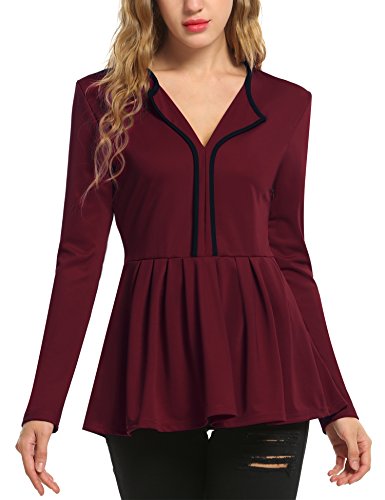 Meaneor Women's Long Sleeve Casual Lapel Neck Peplum Blouse Tops Wine Red L