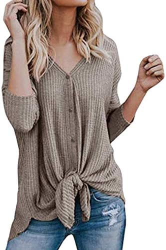 Amylover Womens Henley Tops Long Sleeve Waffle Knit Tunic Blouse Tie Knot Shirts