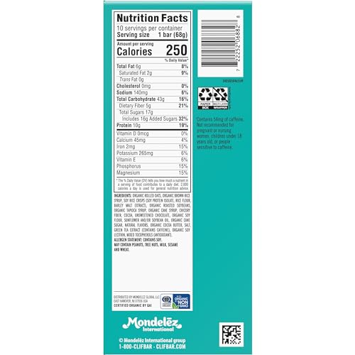 CLIF BAR – COOL MINT CHOCOLATE WITH CAFFEINE – MADE WITH ORGANIC OATS – ENERGY BARS – NON-GMO – PLANT BASED PROTEIN BARS (10 PACK)