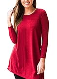 FARYSAYS Women's Long Sleeve Casual Round Neck Loose Tunic Top Blouse T-Shirt with Buttons Red X-Large