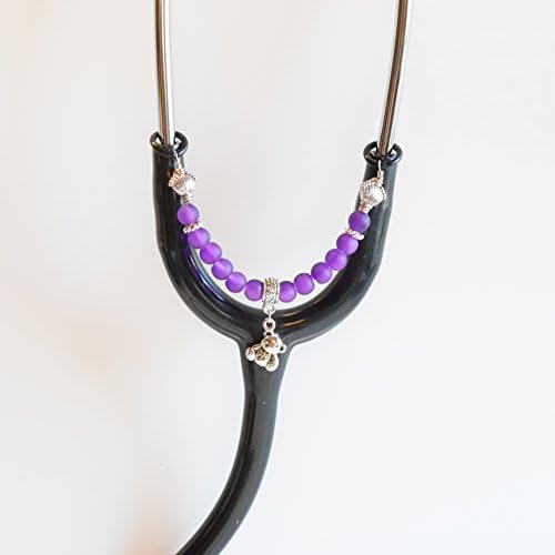 Women's Beaded Stethoscope ID Tag Pendant Charm Jewelry Accessories PURPLE with SILVER TEDDY BEAR