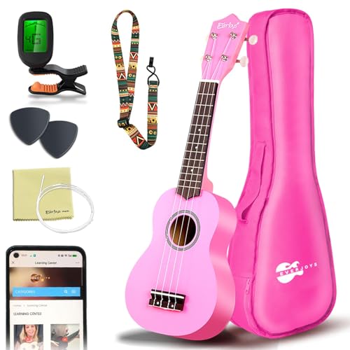 Everjoys Soprano Ukulele Beginner Kit 21 Inch Ukelele w/Free Online Lesson Carrying bag Digital Tuner Strings Picks, All in One Set (Pink)