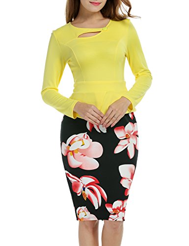 Floral Print Cotton Peplum Bodycon Office Dress เดรส แฟชั่นชุดทำงาน ANGVNS ผู้หญิง Keyhole Neck