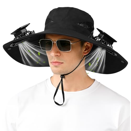 Solar Fan Hat,Solar Powered Fan Hat for Men Women,Wide Brim Sun Hat with 2 Solars Fan,2-in-1 Hands-Free Hats Fans