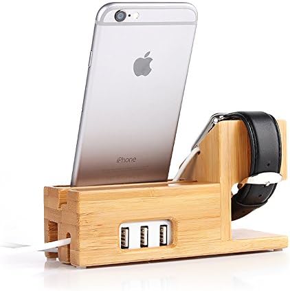 Apple Watch and iphone Charging Station Bamboo Wood Charger Stand Charging dock for iwatch iphone 7 6 6s plus 5 5s 5c with 3 USB Ports