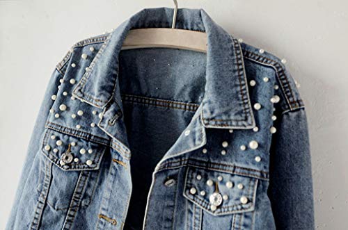 HJuyYuah Women's Blue Long Sleeve Denim Jacket Pocket Beading Casual Short Outwear Coat - Thumbnail 3