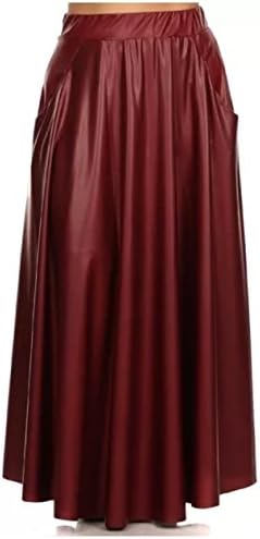 Skirt Faux Leather High Waist Sweep Maxi Long Pocket Solid Sexy (Small, Burgundy)