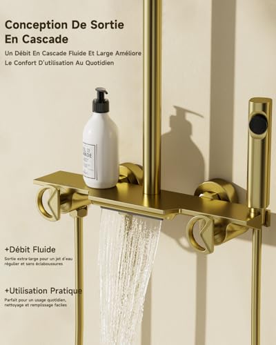 Shower Column,Brushed Gold 4 in 1 Shower Column Set,300x180mm Square Rainfall Shower Head,3 Modes Hand Shower,360° Shower Head,Rain Shower with Accessories